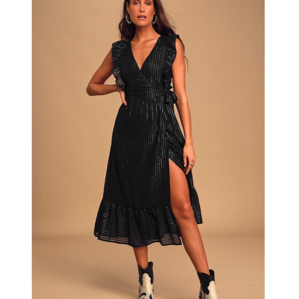 Lulu’s Black Striped Ruffled Wrap Midi Dress
